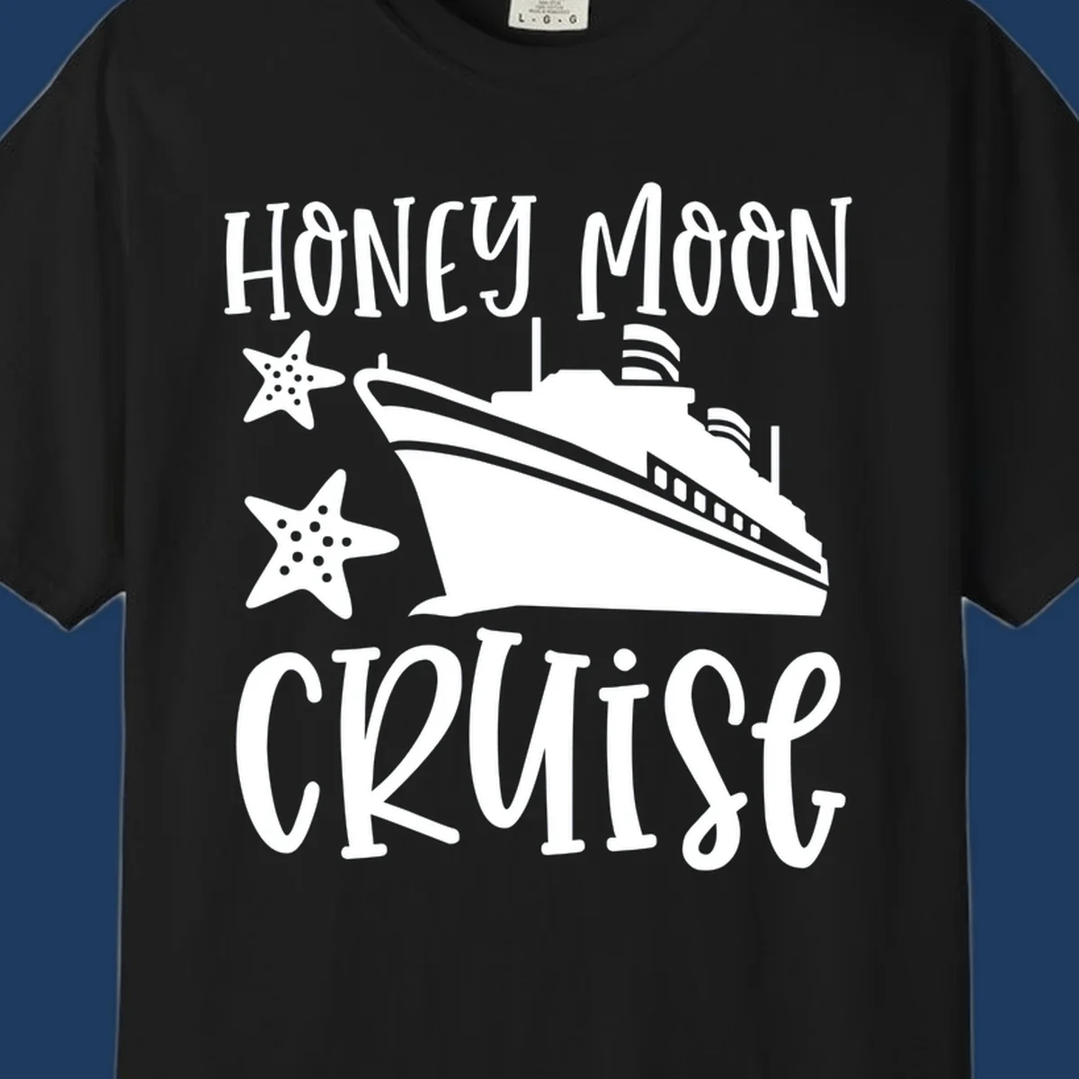 Honey moon cruise design with white cruise ship and starfish on gray background