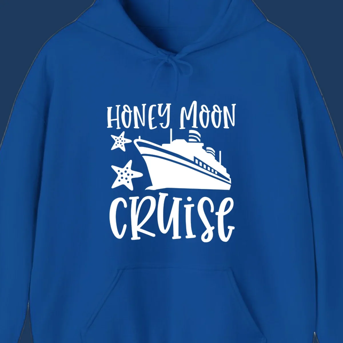 Honey moon cruise design with white cruise ship and starfish on gray background