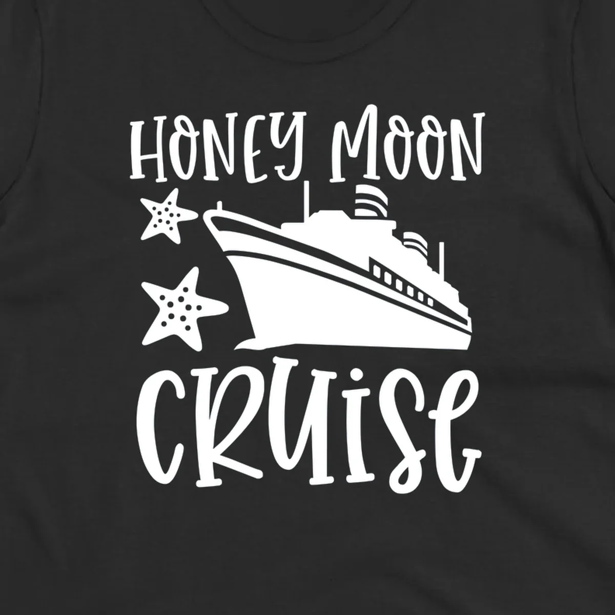 Honey moon cruise design with white cruise ship and starfish on gray background