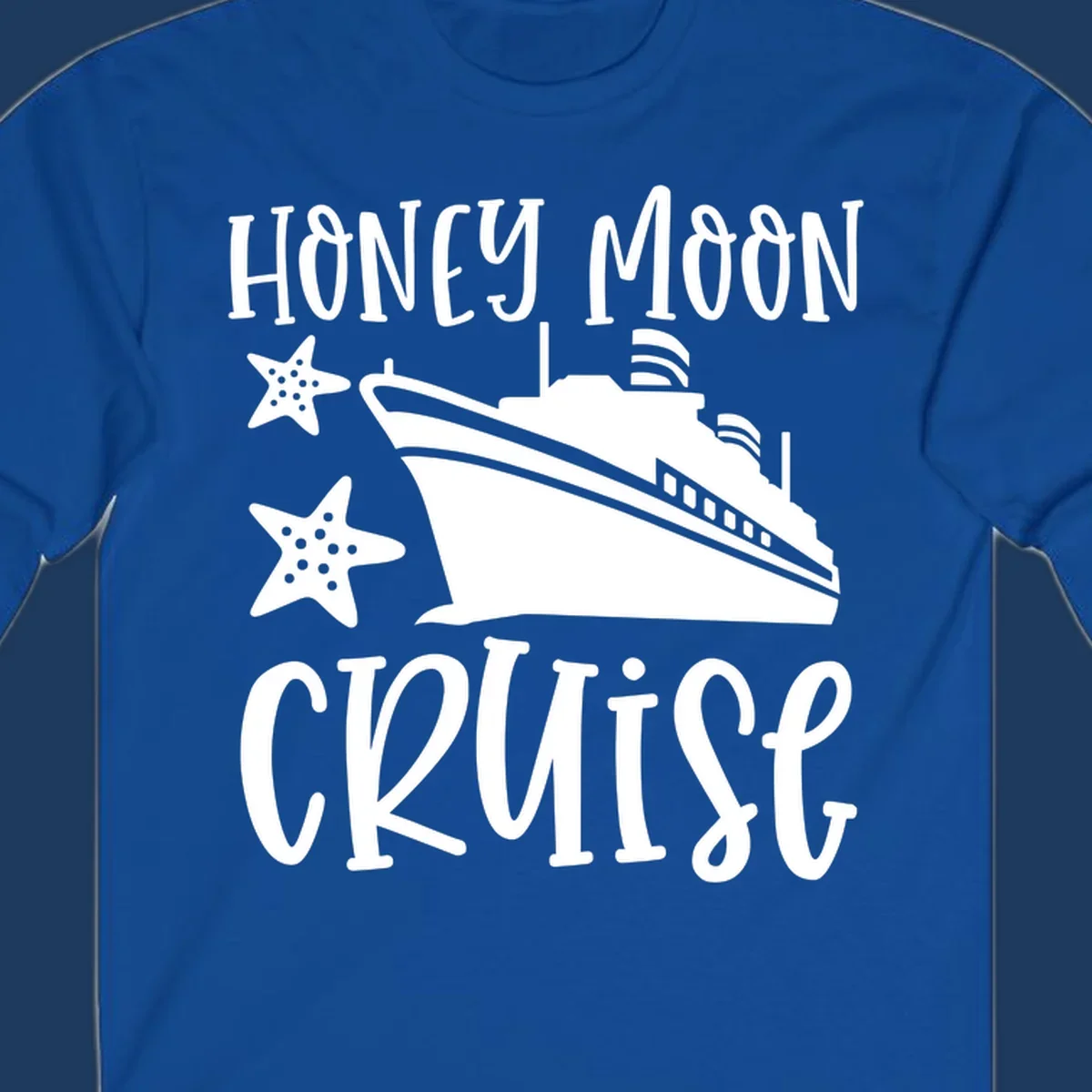 Honey moon cruise design with white cruise ship and starfish on gray background