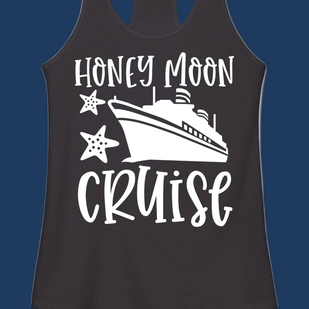 Honey moon cruise design with white cruise ship and starfish on gray background