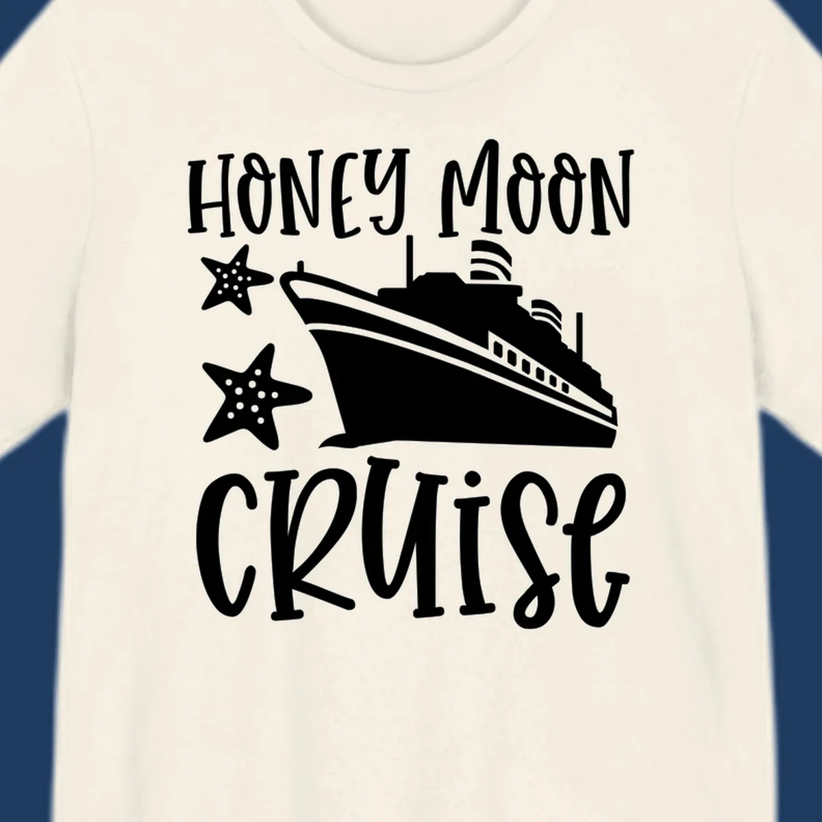 Honey moon cruise design with white cruise ship and starfish on gray background