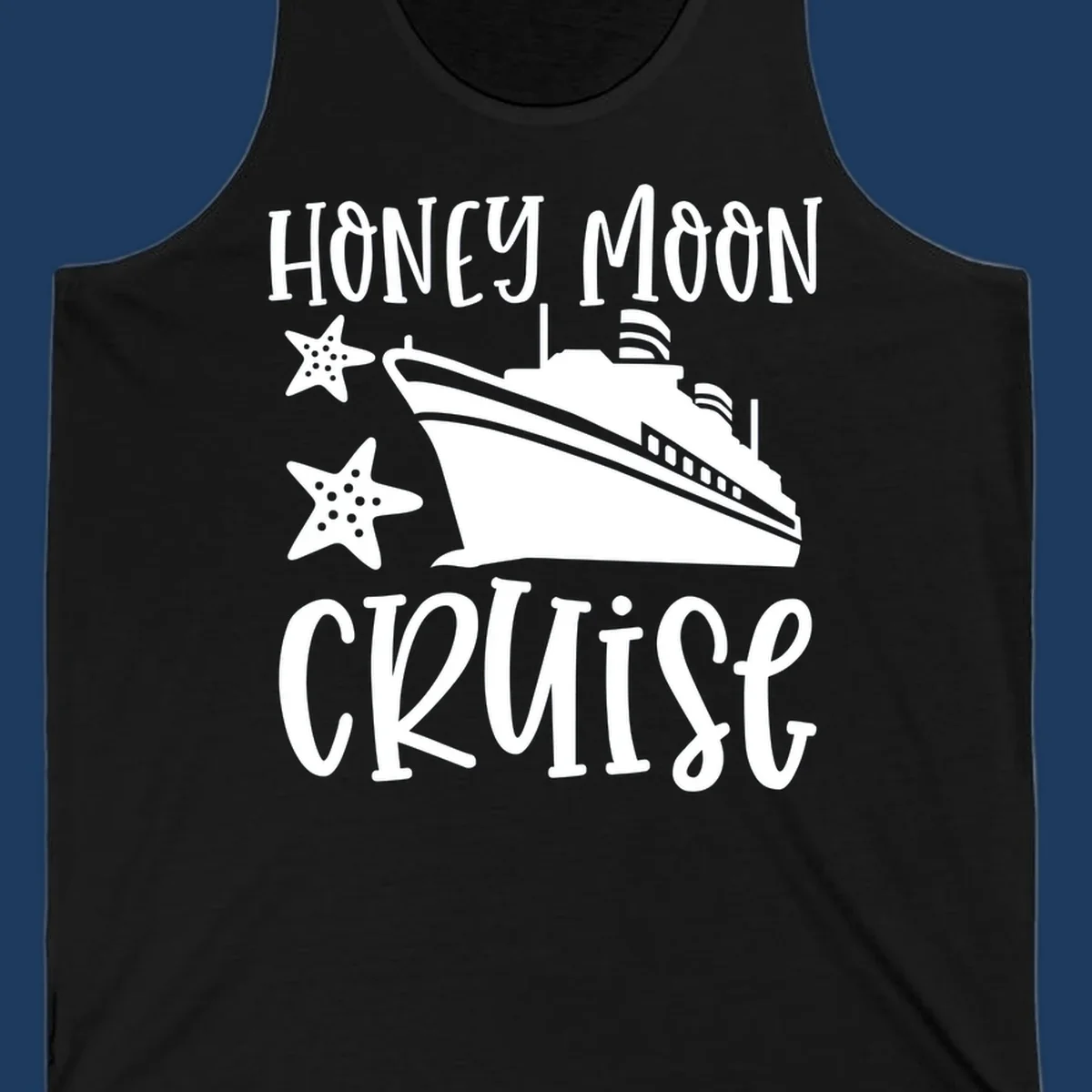 Honey moon cruise design with white cruise ship and starfish on gray background