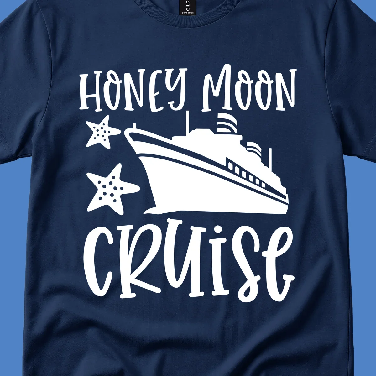 Honey moon cruise design with white cruise ship and starfish on gray background