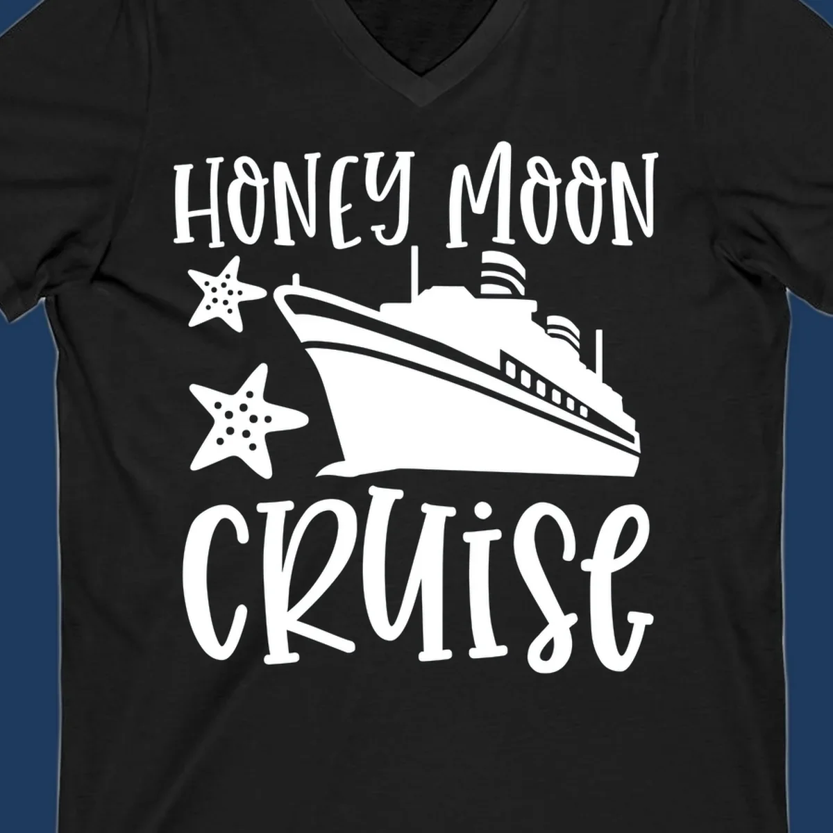 Honey moon cruise design with white cruise ship and starfish on gray background