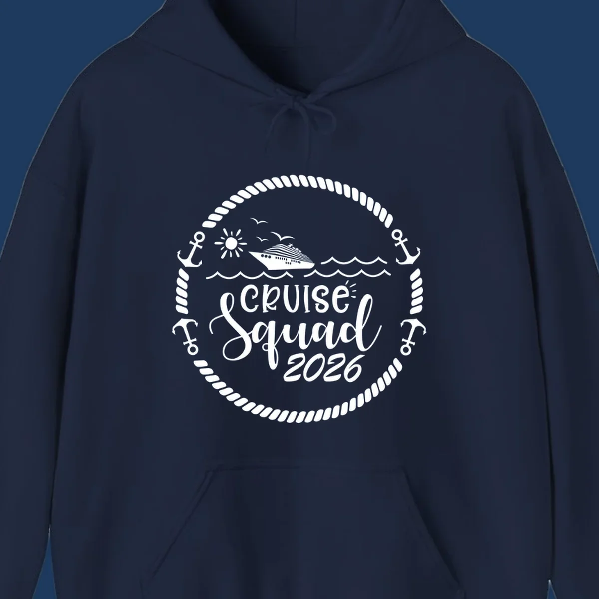 Cruise Squad 2026 circular badge design with ship, sun, seagulls, waves, anchors and rope border on gray background