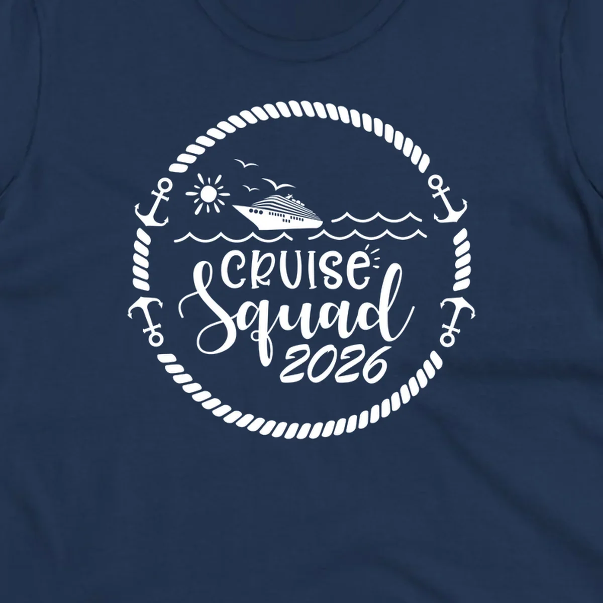 Cruise Squad 2026 circular badge design with ship, sun, seagulls, waves, anchors and rope border on gray background