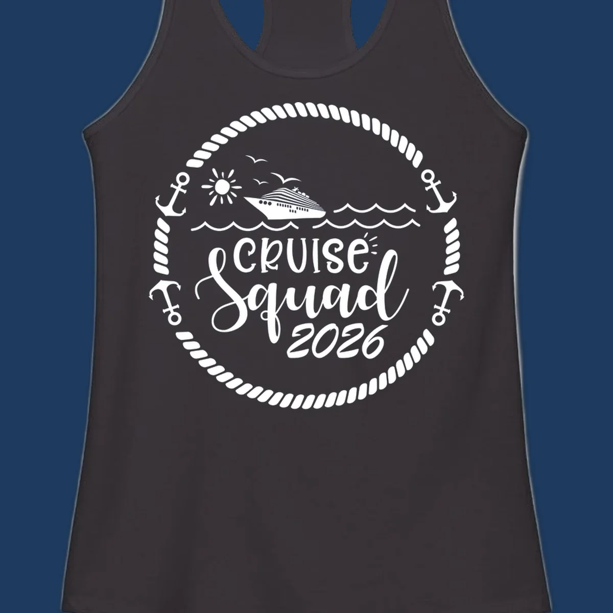 Cruise Squad 2026 circular badge design with ship, sun, seagulls, waves, anchors and rope border on gray background