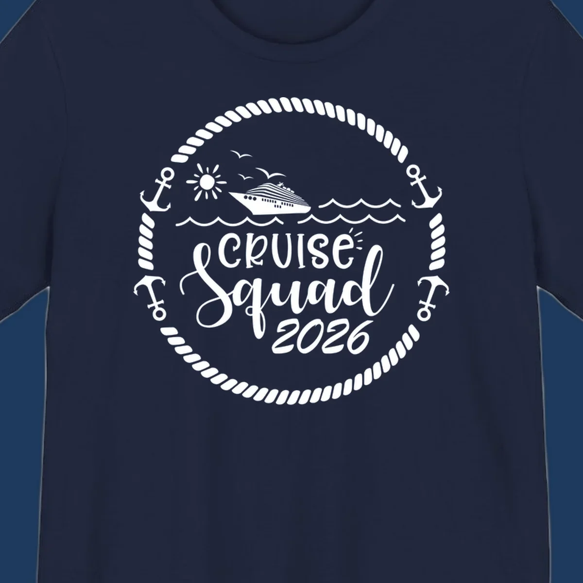 Cruise Squad 2026 circular badge design with ship, sun, seagulls, waves, anchors and rope border on gray background