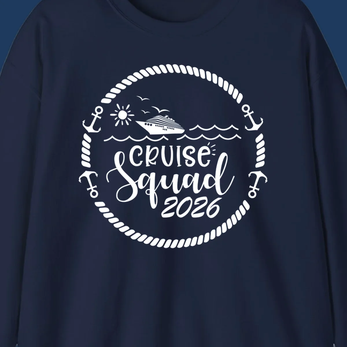 Cruise Squad 2026 circular badge design with ship, sun, seagulls, waves, anchors and rope border on gray background