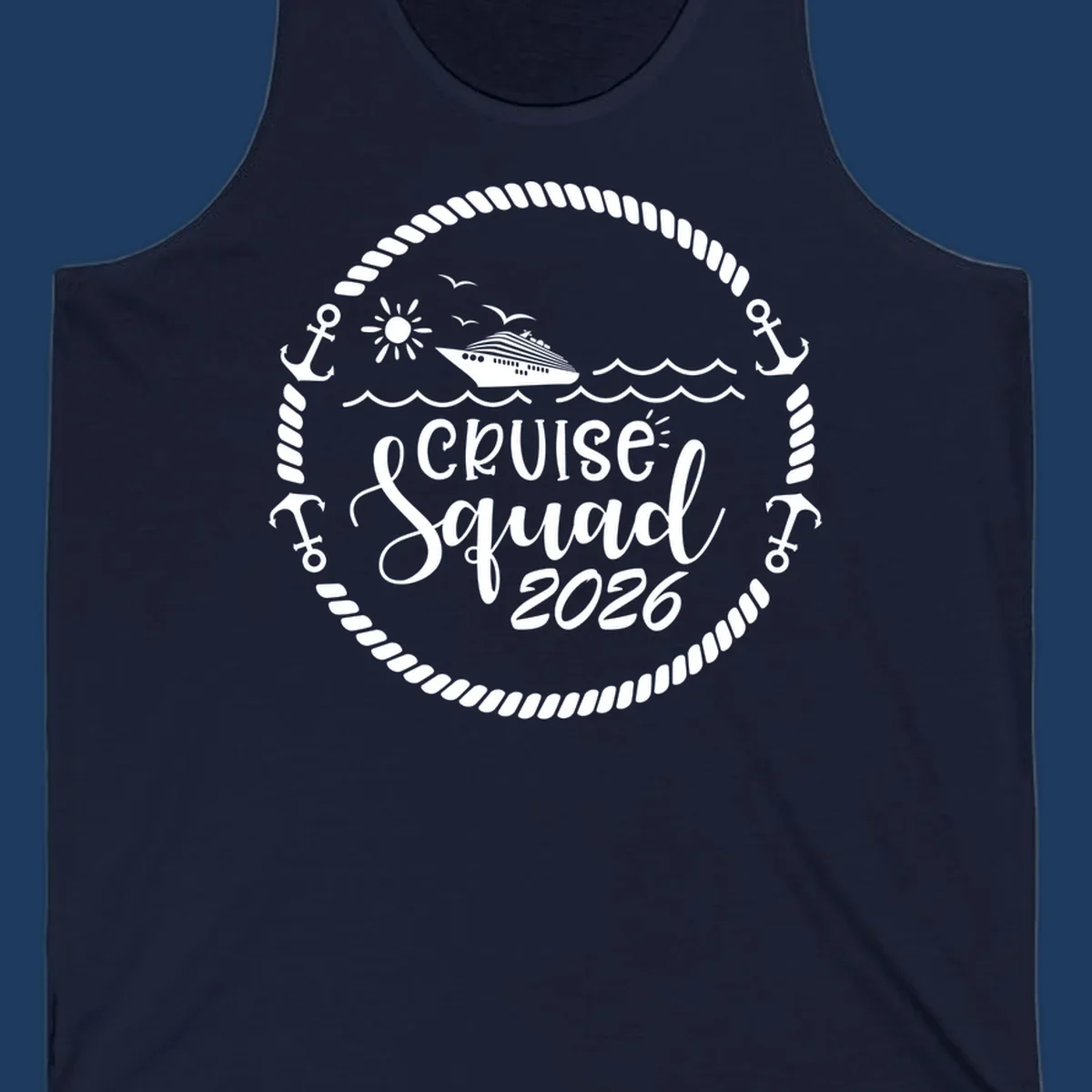 Cruise Squad 2026 circular badge design with ship, sun, seagulls, waves, anchors and rope border on gray background
