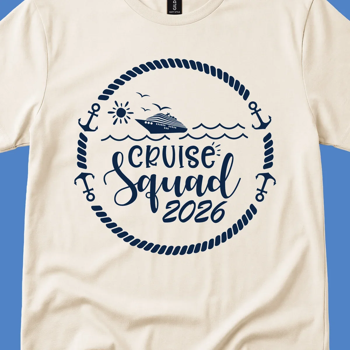 Cruise Squad 2026 circular badge design with ship, sun, seagulls, waves, anchors and rope border on gray background