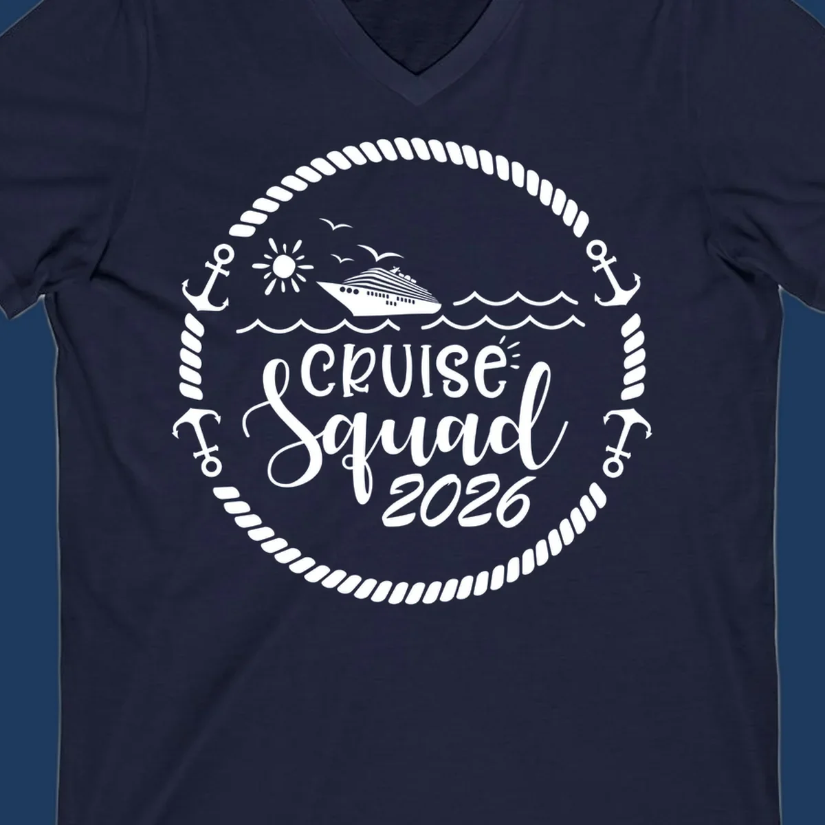 Cruise Squad 2026 circular badge design with ship, sun, seagulls, waves, anchors and rope border on gray background