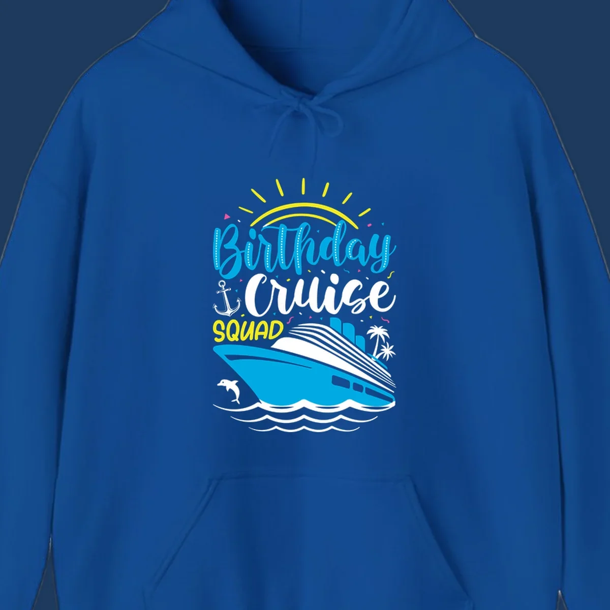 Birthday Cruise Squad design with cruise ship, sun, anchor, dolphin, and palm trees on gray background