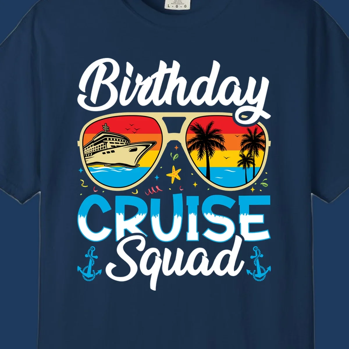 Birthday Cruise Squad design featuring oversized sunglasses with cruise ship and tropical palm tree sunset scenes