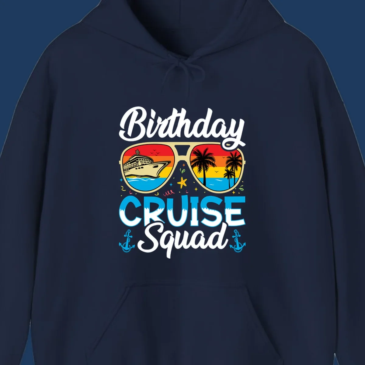 Birthday Cruise Squad design featuring oversized sunglasses with cruise ship and tropical palm tree sunset scenes
