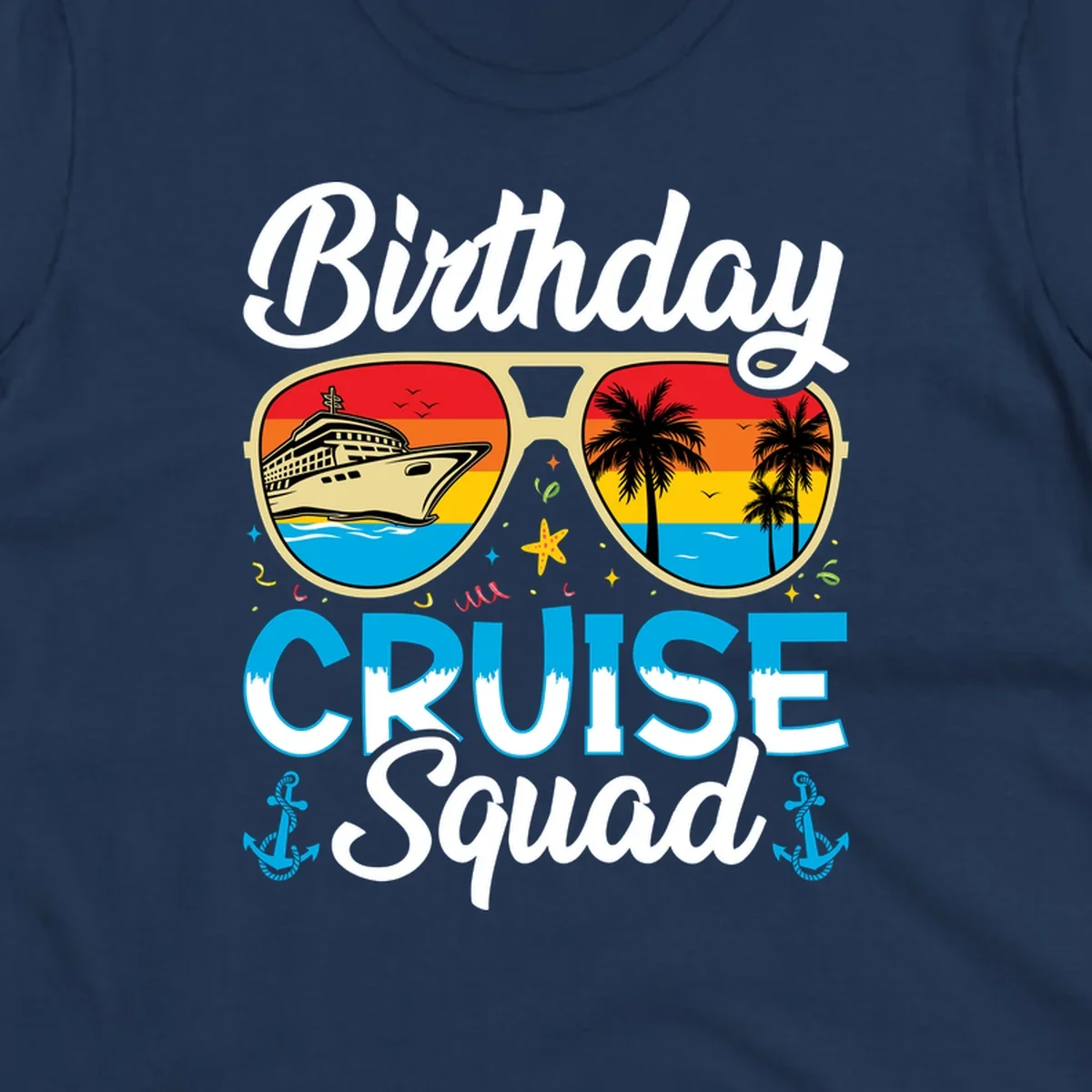 Birthday Cruise Squad design featuring oversized sunglasses with cruise ship and tropical palm tree sunset scenes
