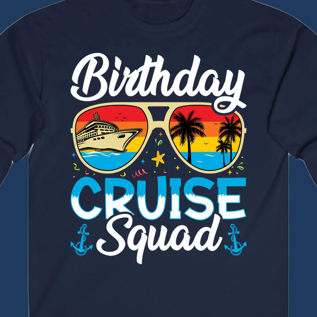 Birthday Cruise Squad design featuring oversized sunglasses with cruise ship and tropical palm tree sunset scenes