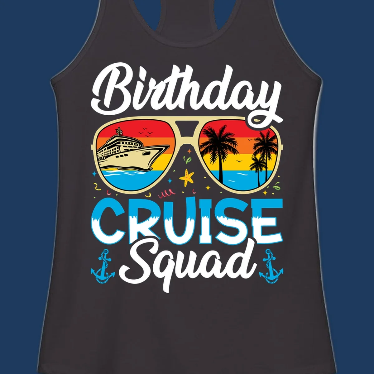 Birthday Cruise Squad design featuring oversized sunglasses with cruise ship and tropical palm tree sunset scenes