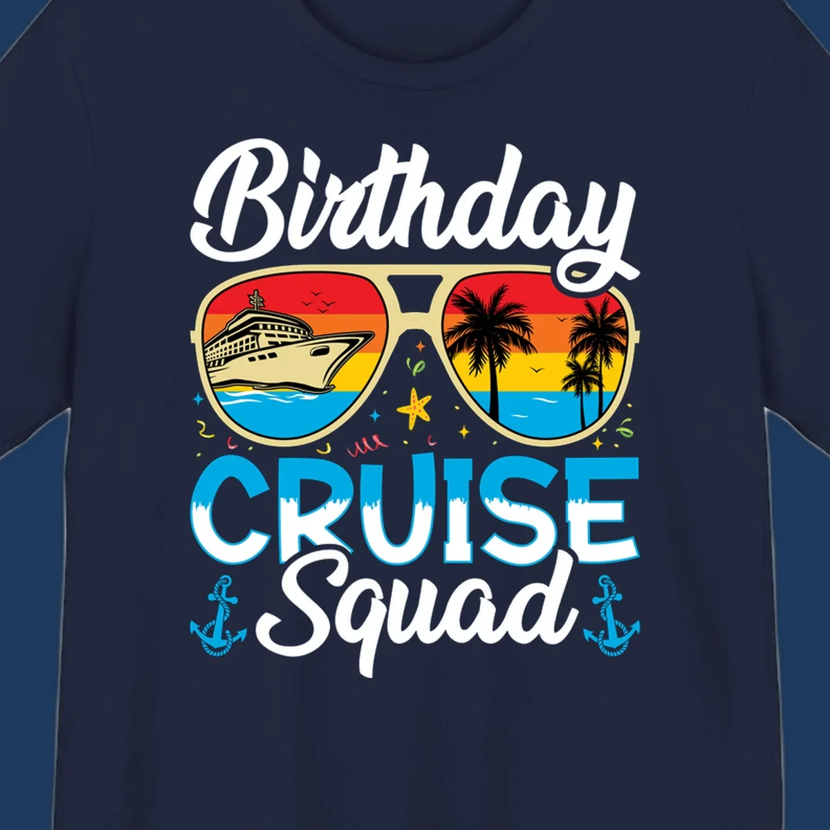 Birthday Cruise Squad design featuring oversized sunglasses with cruise ship and tropical palm tree sunset scenes