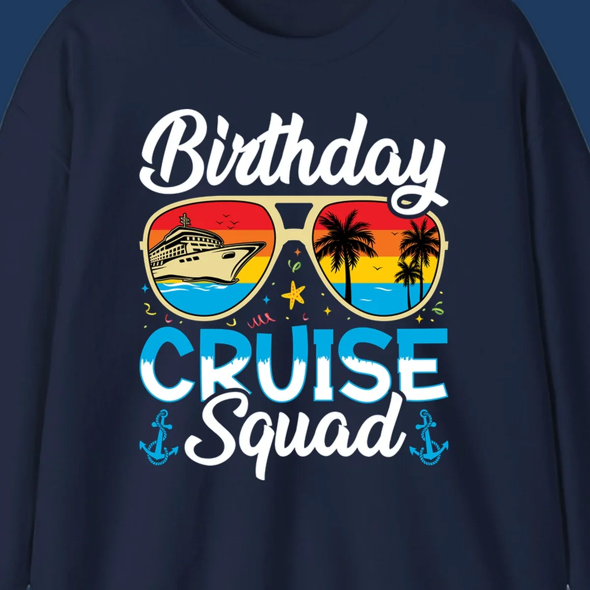 Birthday Cruise Squad design featuring oversized sunglasses with cruise ship and tropical palm tree sunset scenes
