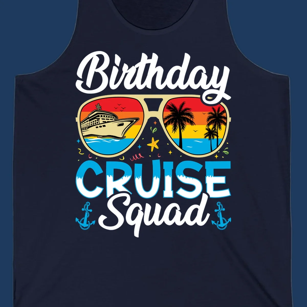 Birthday Cruise Squad design featuring oversized sunglasses with cruise ship and tropical palm tree sunset scenes