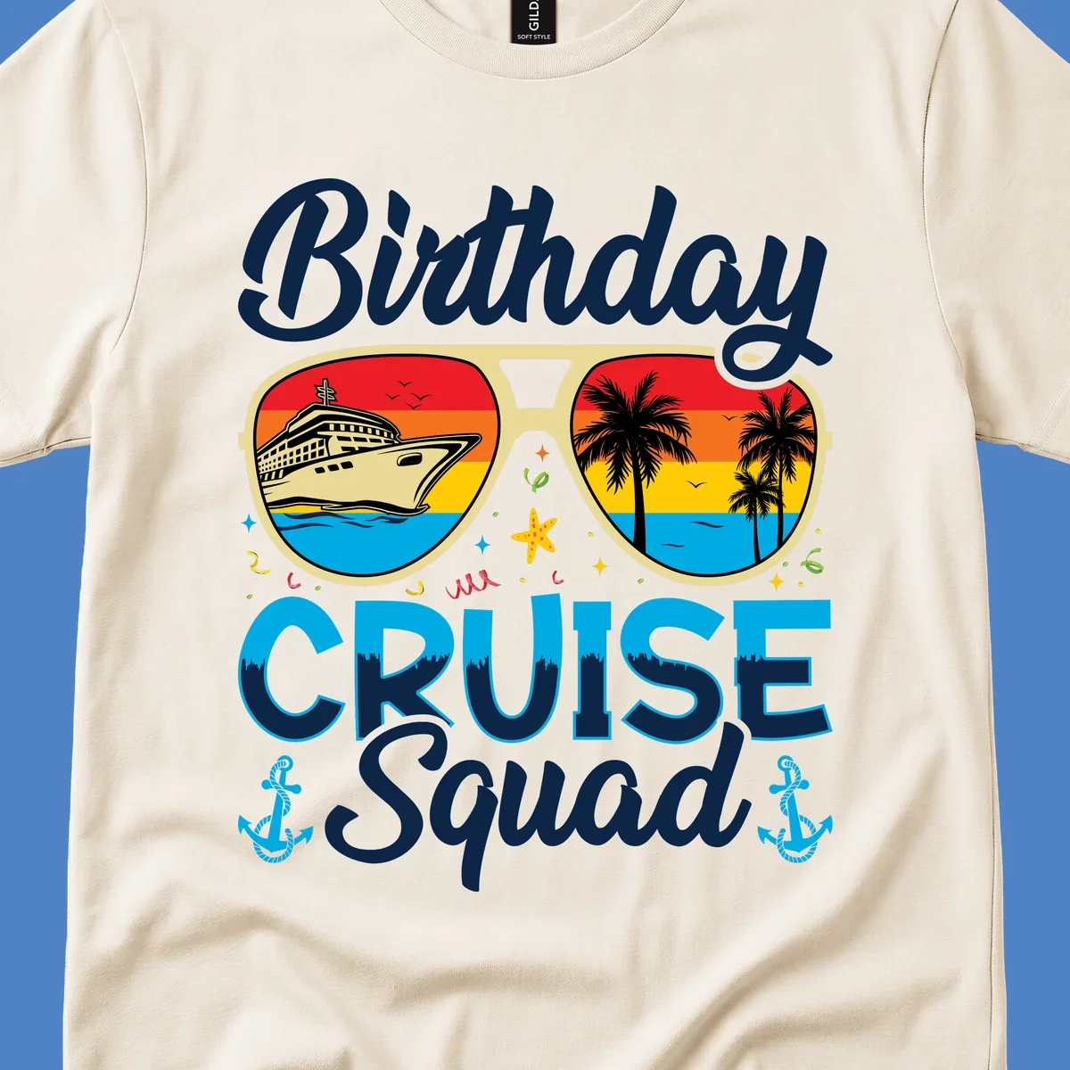 Birthday Cruise Squad design featuring oversized sunglasses with cruise ship and tropical palm tree sunset scenes
