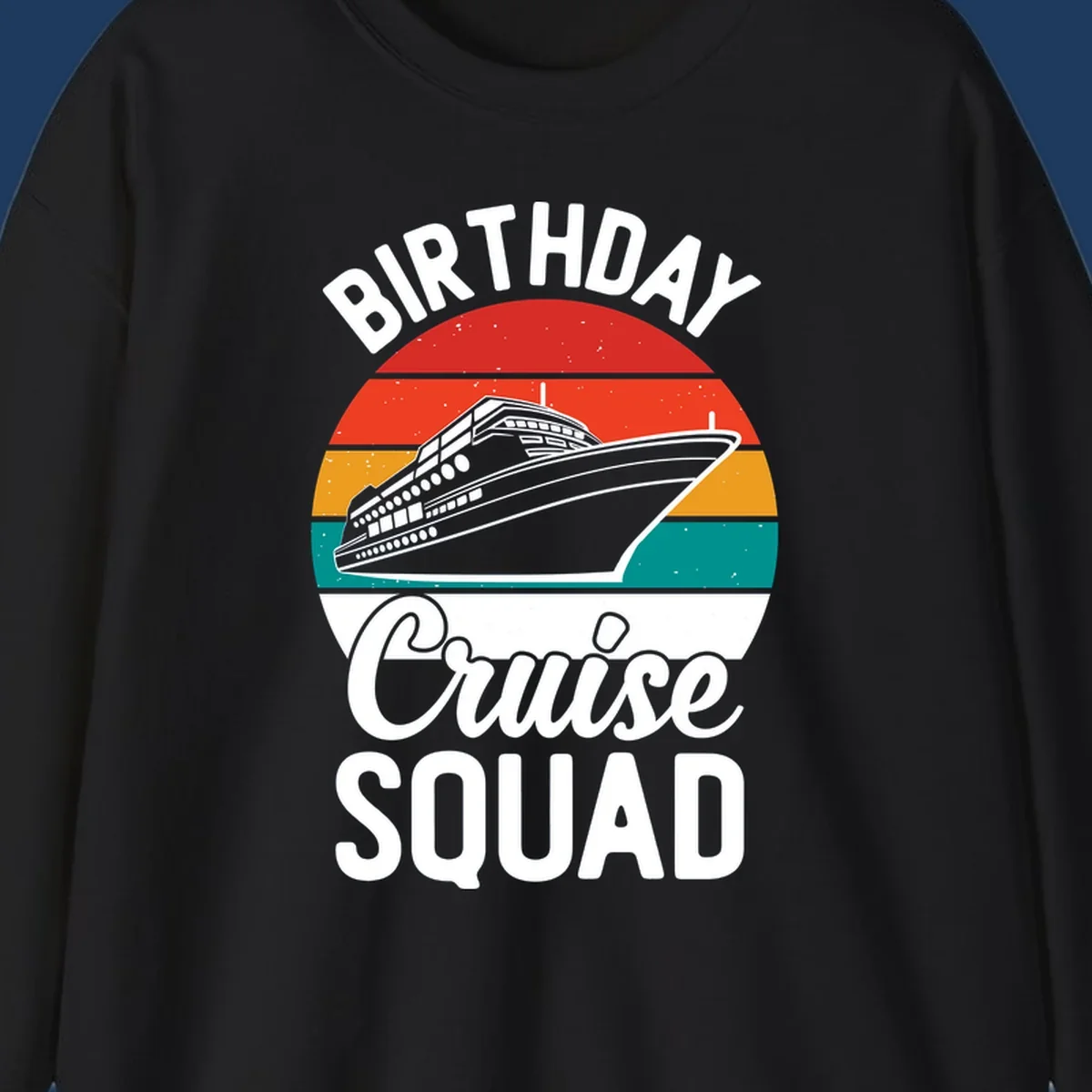 Retro vintage sunset design with cruise ship and 'Birthday Cruise Squad' text in white and bold lettering