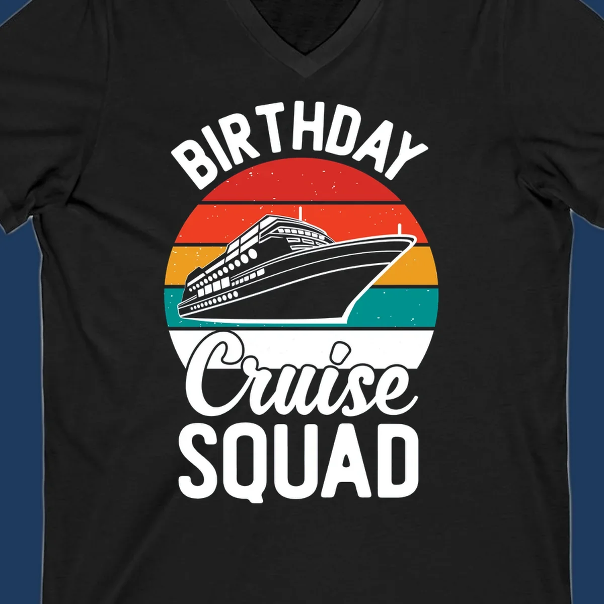 Retro vintage sunset design with cruise ship and 'Birthday Cruise Squad' text in white and bold lettering