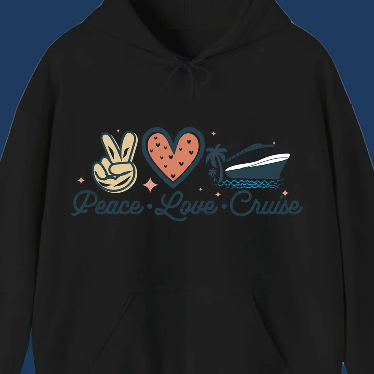 Retro peace love cruise design with peace sign, heart, and ship illustration on gray background