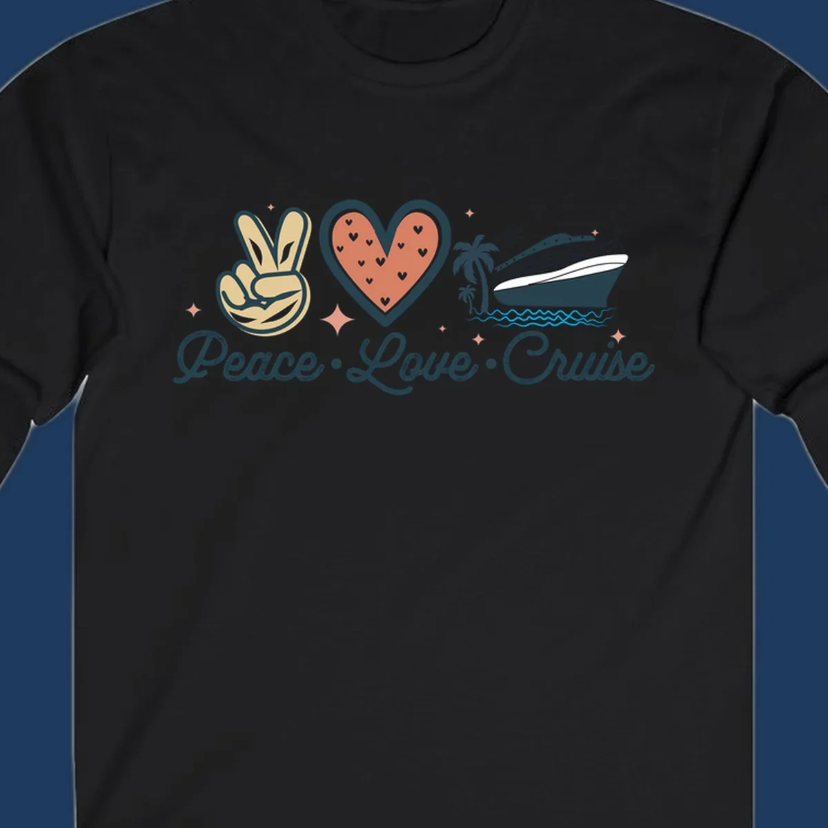 Retro peace love cruise design with peace sign, heart, and ship illustration on gray background