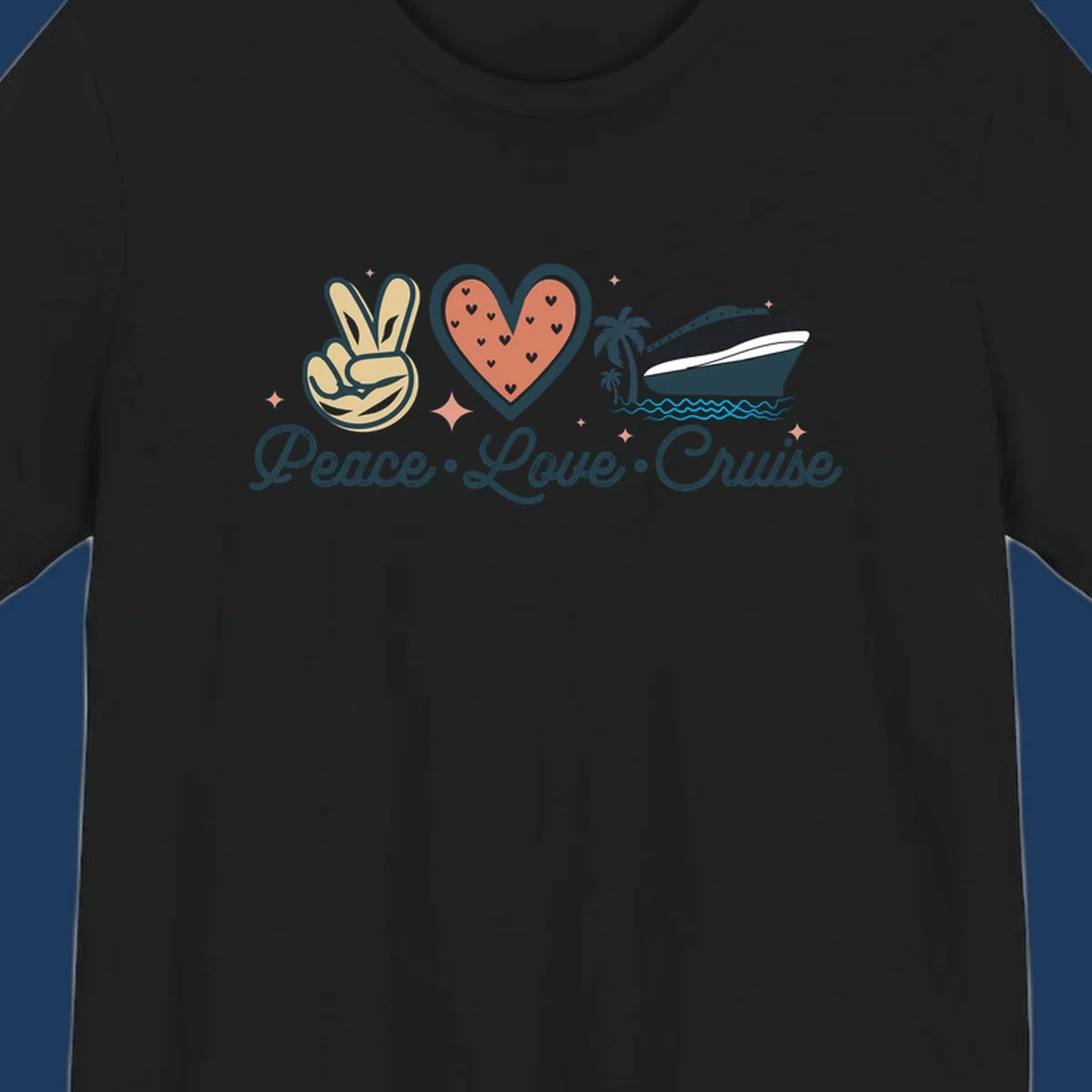 Retro peace love cruise design with peace sign, heart, and ship illustration on gray background