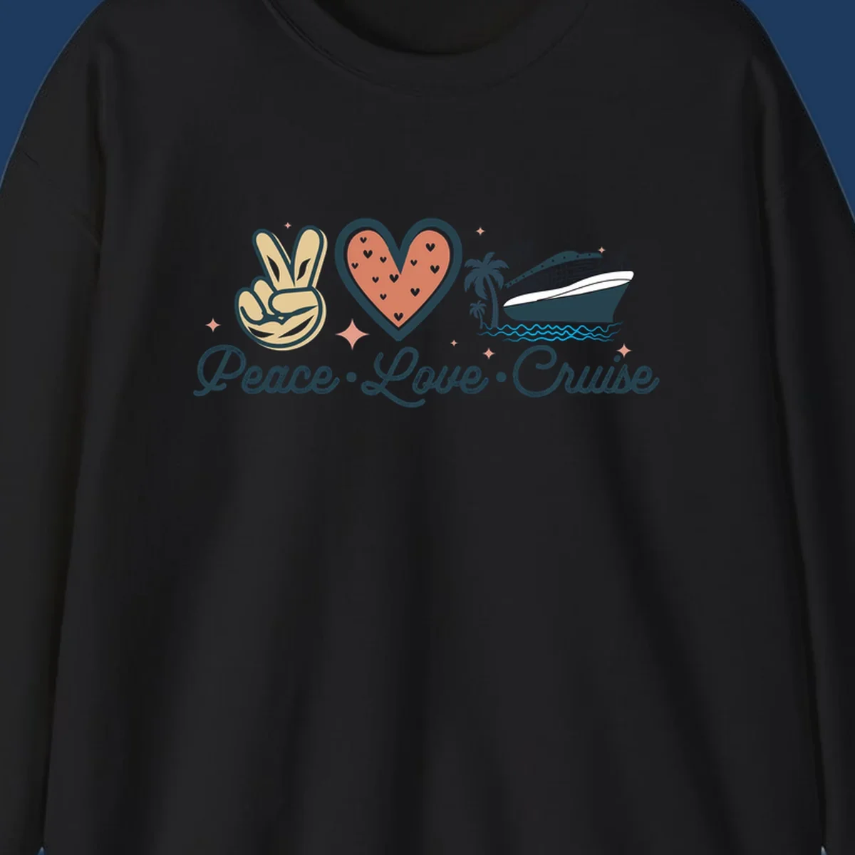 Retro peace love cruise design with peace sign, heart, and ship illustration on gray background