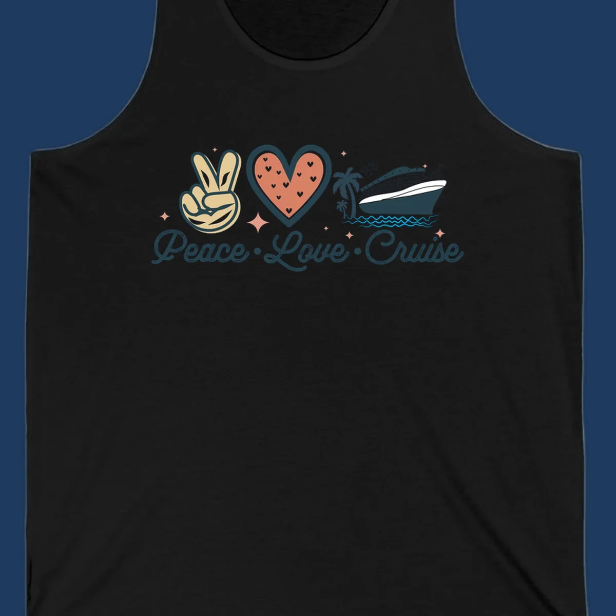 Retro peace love cruise design with peace sign, heart, and ship illustration on gray background