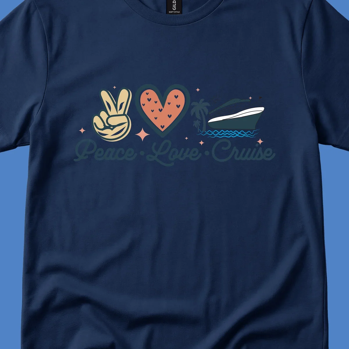Retro peace love cruise design with peace sign, heart, and ship illustration on gray background