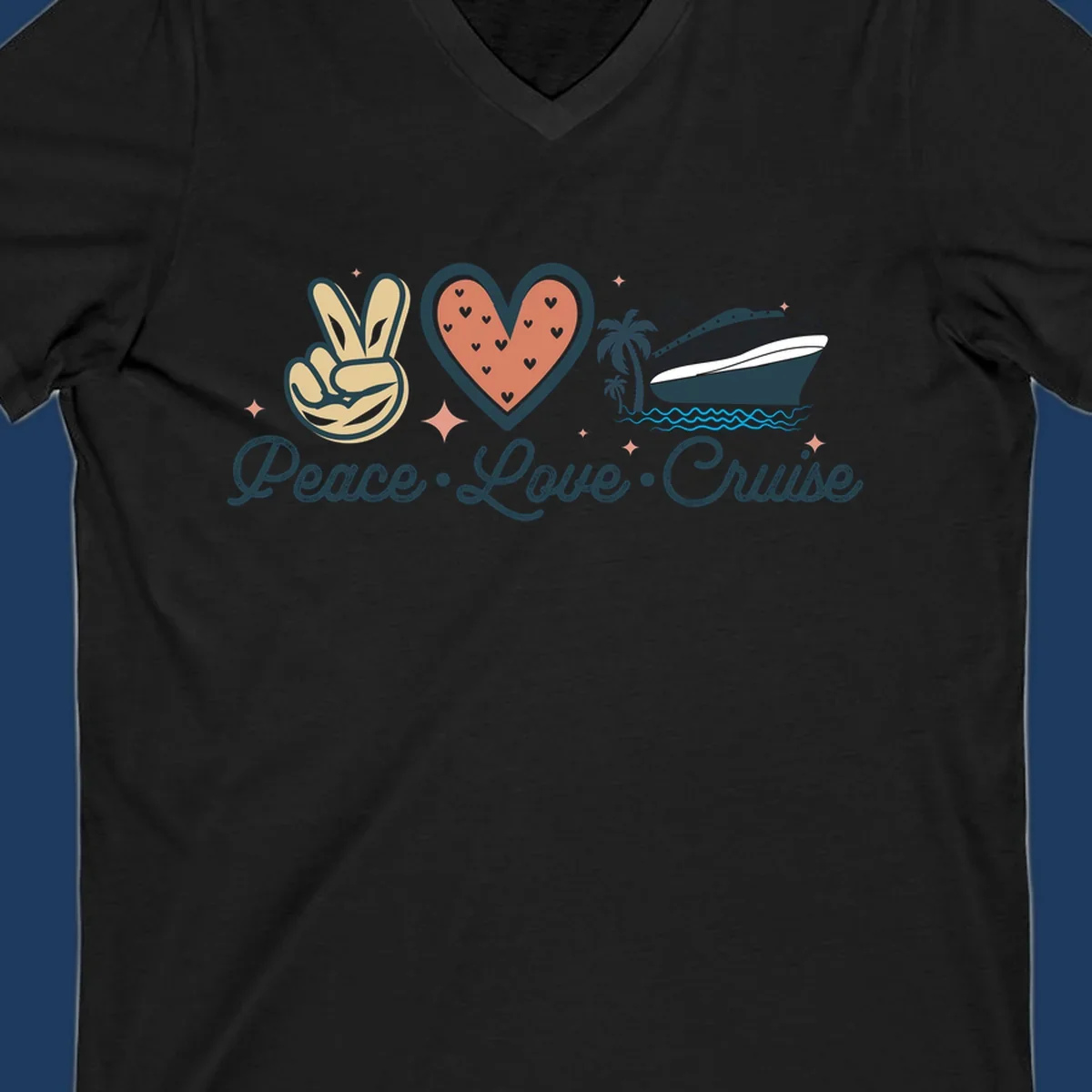 Retro peace love cruise design with peace sign, heart, and ship illustration on gray background