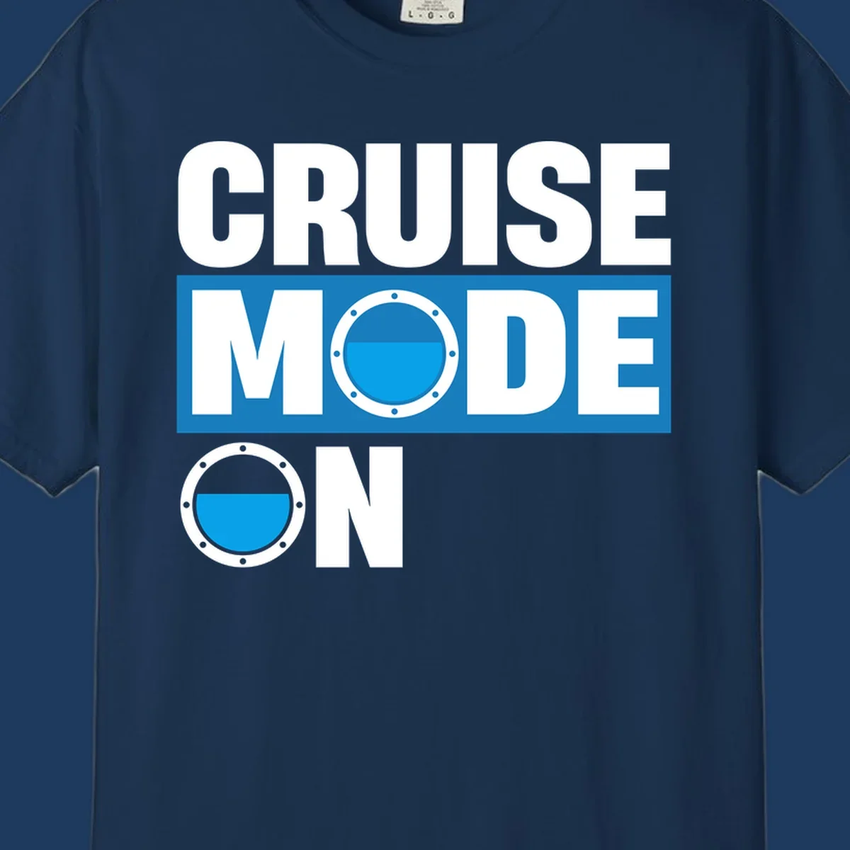 Cruise mode on design with porthole window and water effect on blue and gray background
