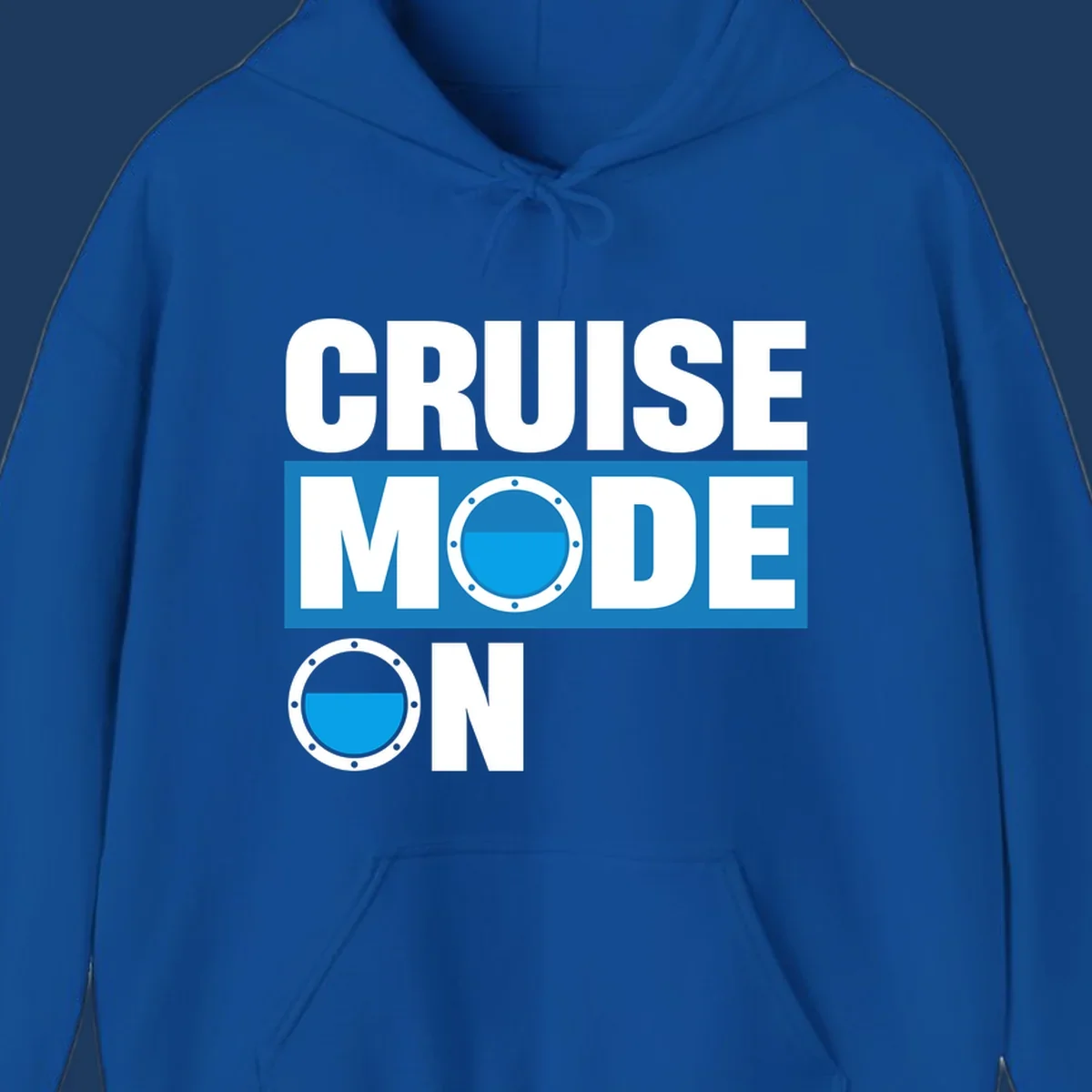 Cruise mode on design with porthole window and water effect on blue and gray background