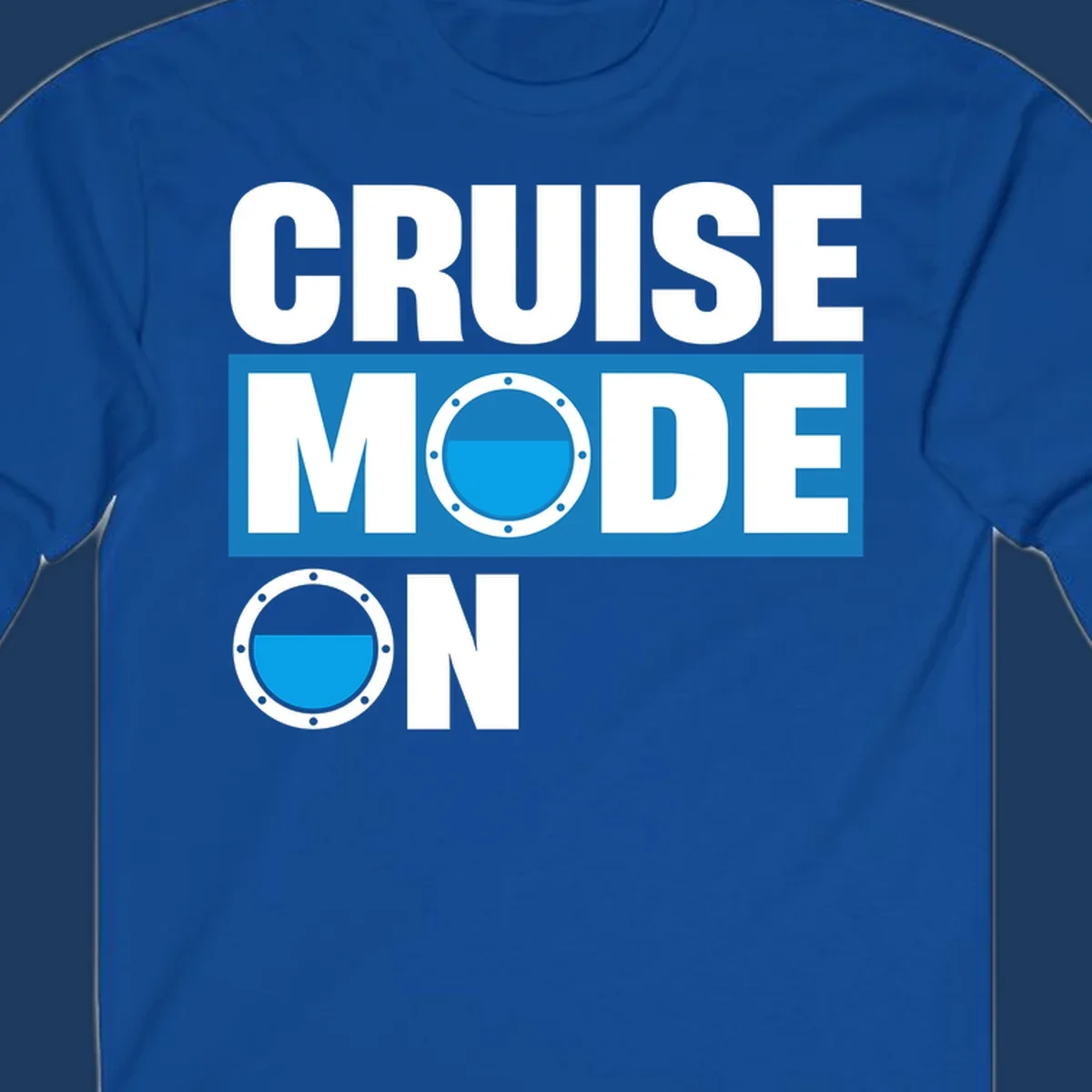 Cruise mode on design with porthole window and water effect on blue and gray background