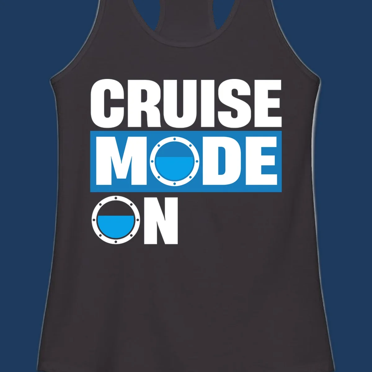 Cruise mode on design with porthole window and water effect on blue and gray background