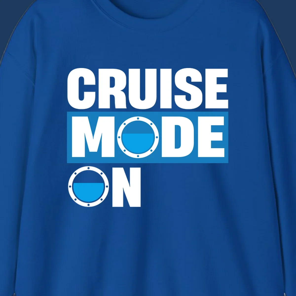 Cruise mode on design with porthole window and water effect on blue and gray background