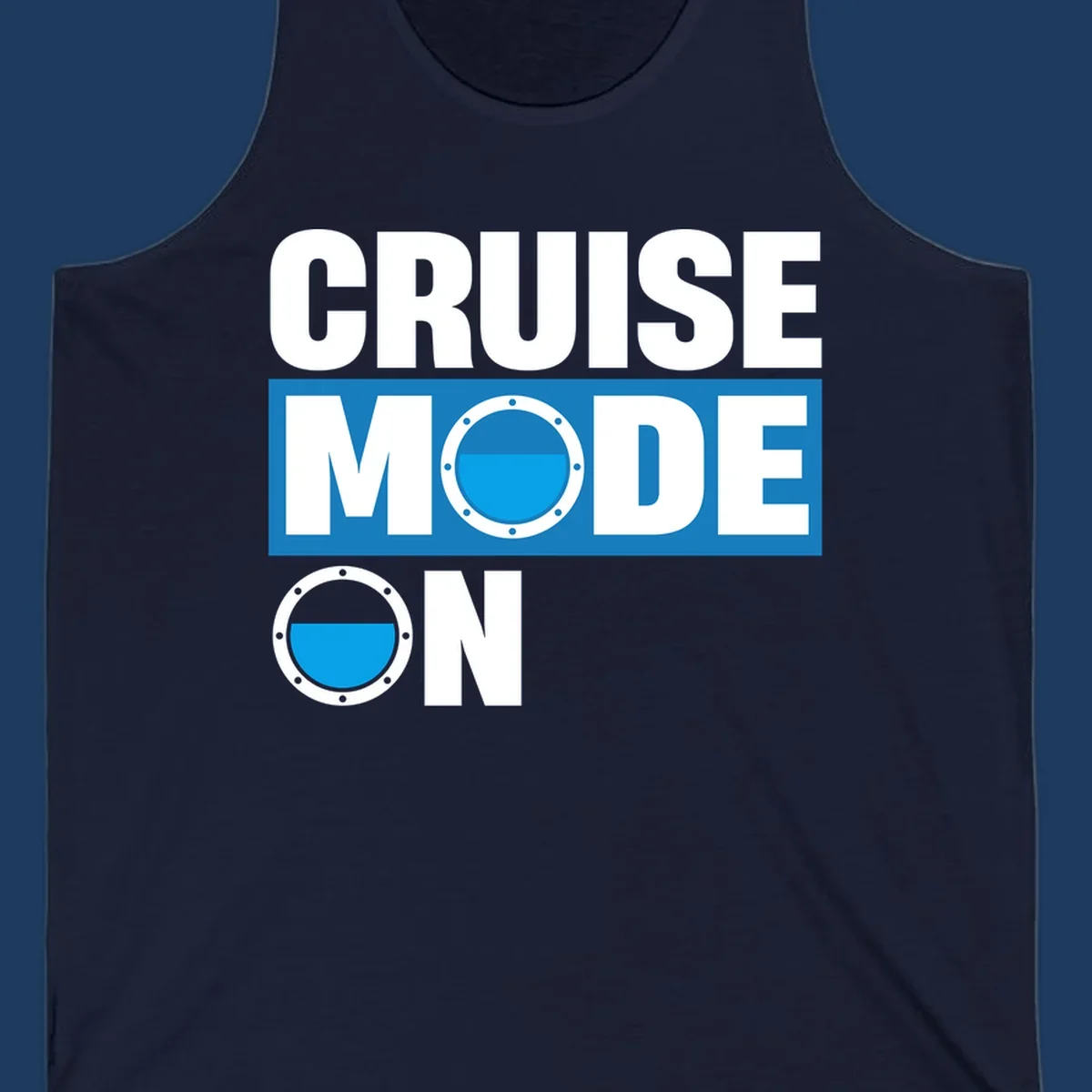 Cruise mode on design with porthole window and water effect on blue and gray background