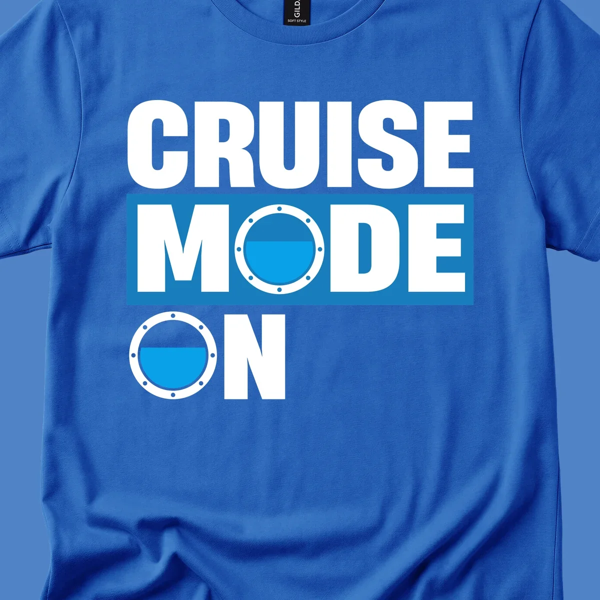 Cruise mode on design with porthole window and water effect on blue and gray background