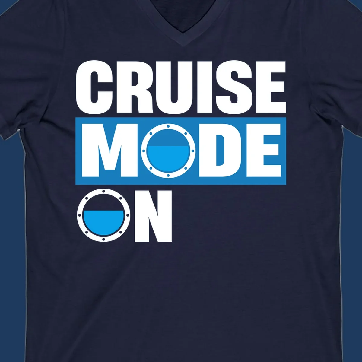 Cruise mode on design with porthole window and water effect on blue and gray background