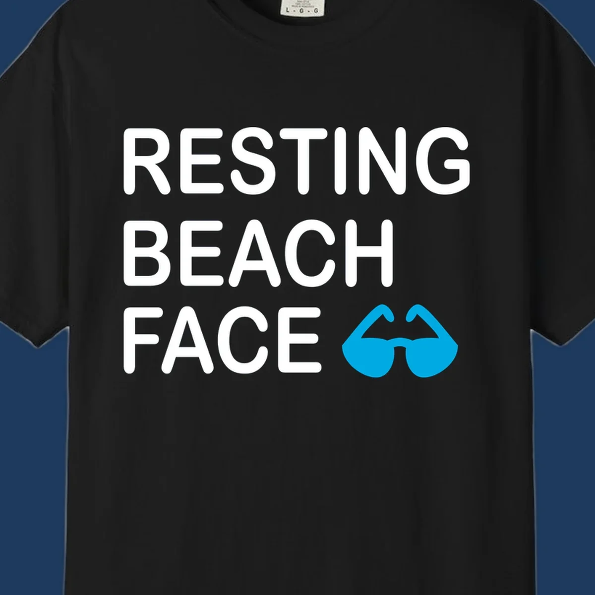 White text reading 'RESTING BEACH FACE' with a blue mustache graphic on gray background