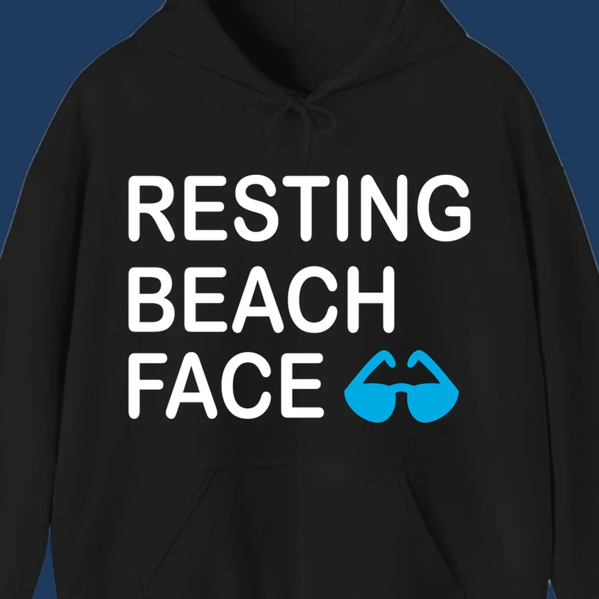 White text reading 'RESTING BEACH FACE' with a blue mustache graphic on gray background