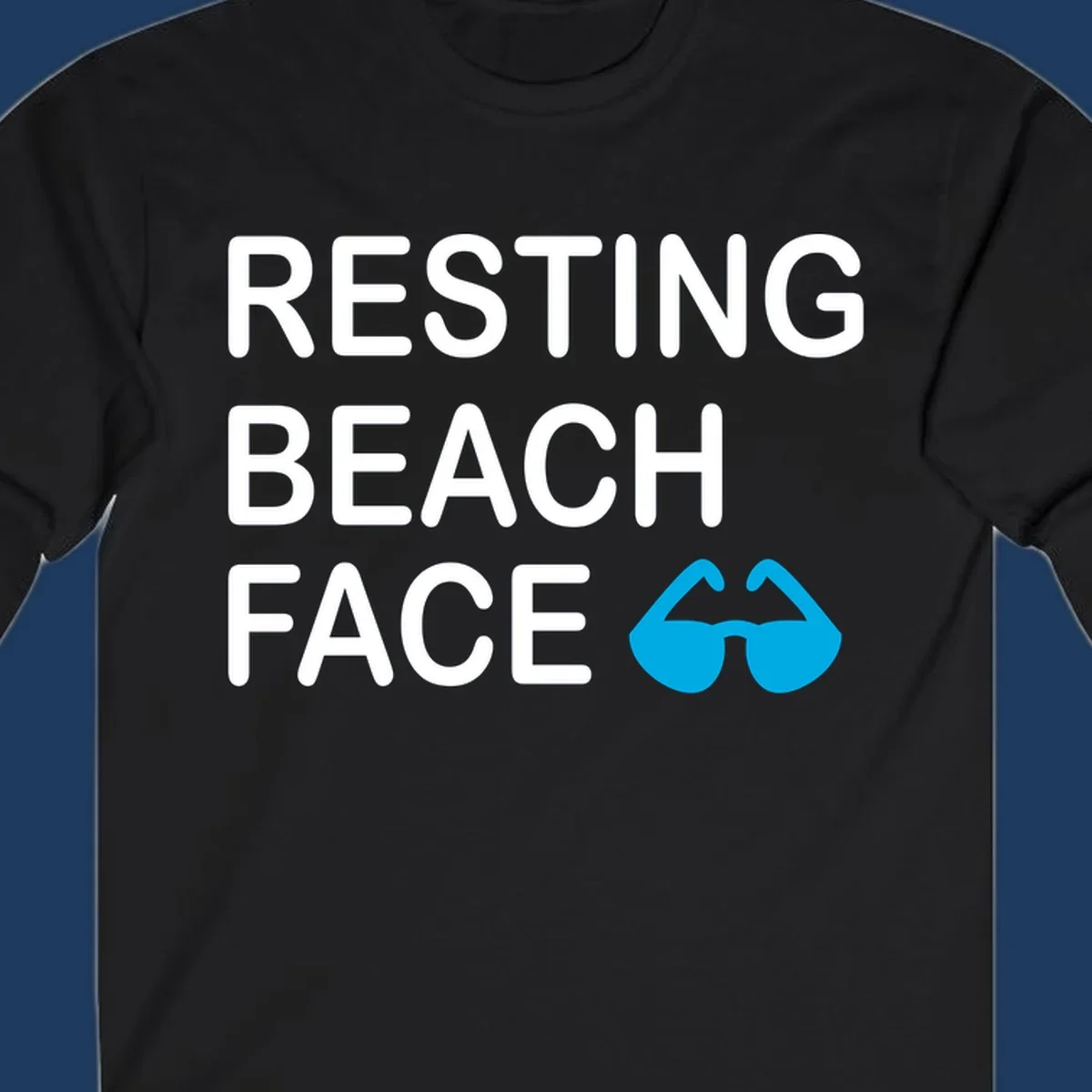 White text reading 'RESTING BEACH FACE' with a blue mustache graphic on gray background