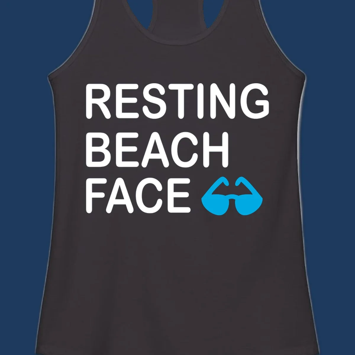 White text reading 'RESTING BEACH FACE' with a blue mustache graphic on gray background