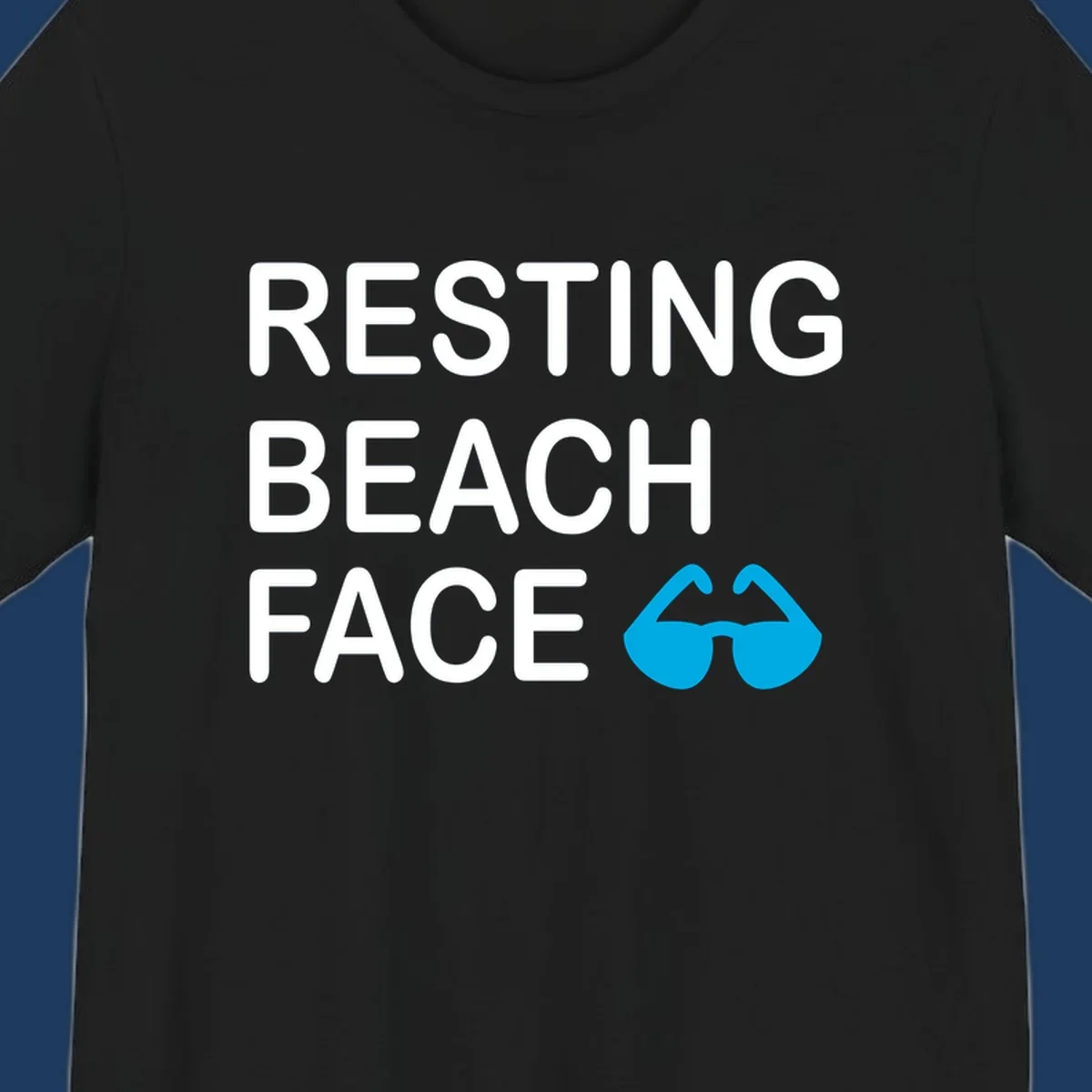 White text reading 'RESTING BEACH FACE' with a blue mustache graphic on gray background