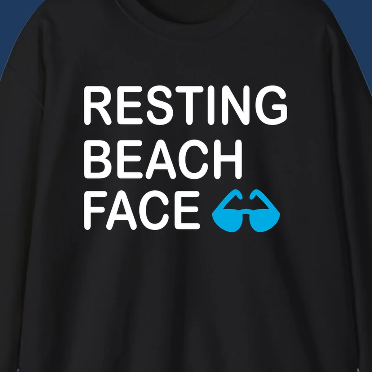 White text reading 'RESTING BEACH FACE' with a blue mustache graphic on gray background
